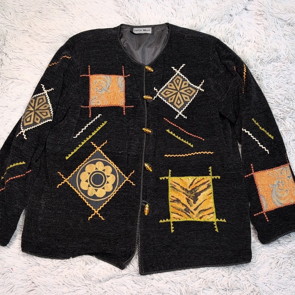 Vintage Indigo Moon Jacket Womens L Black Blazer Boho Gypsy Toggle Soft Comfort